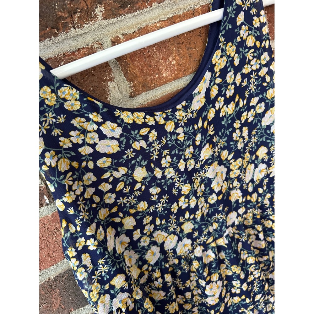 Lily Rose Navy Blue Yellow Floral Chiffon Babydoll Dress XS Sleeveless Tiered